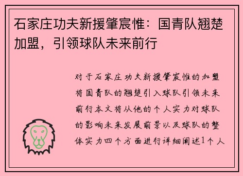 石家庄功夫新援肇宸惟：国青队翘楚加盟，引领球队未来前行
